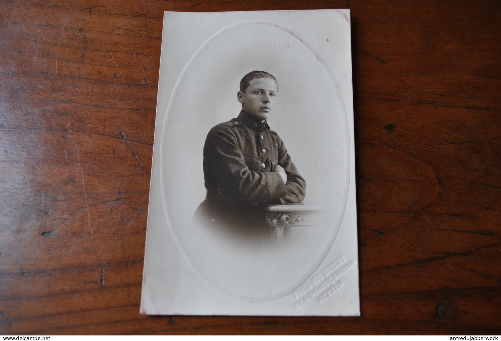 CPA Photo Carte Postale Ancienne Militaire En Uniforme Posant  Photographe Jos Belens Merxem Soldaat Uniform Armée Belge - Personen