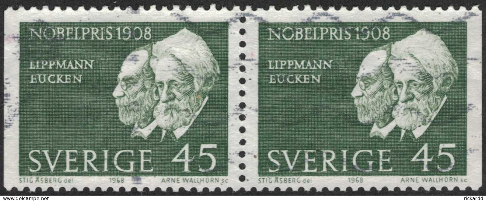 Sweden - Facit #648BB Nobelpristagare 1908, 45 öre Olivgrön - Usados