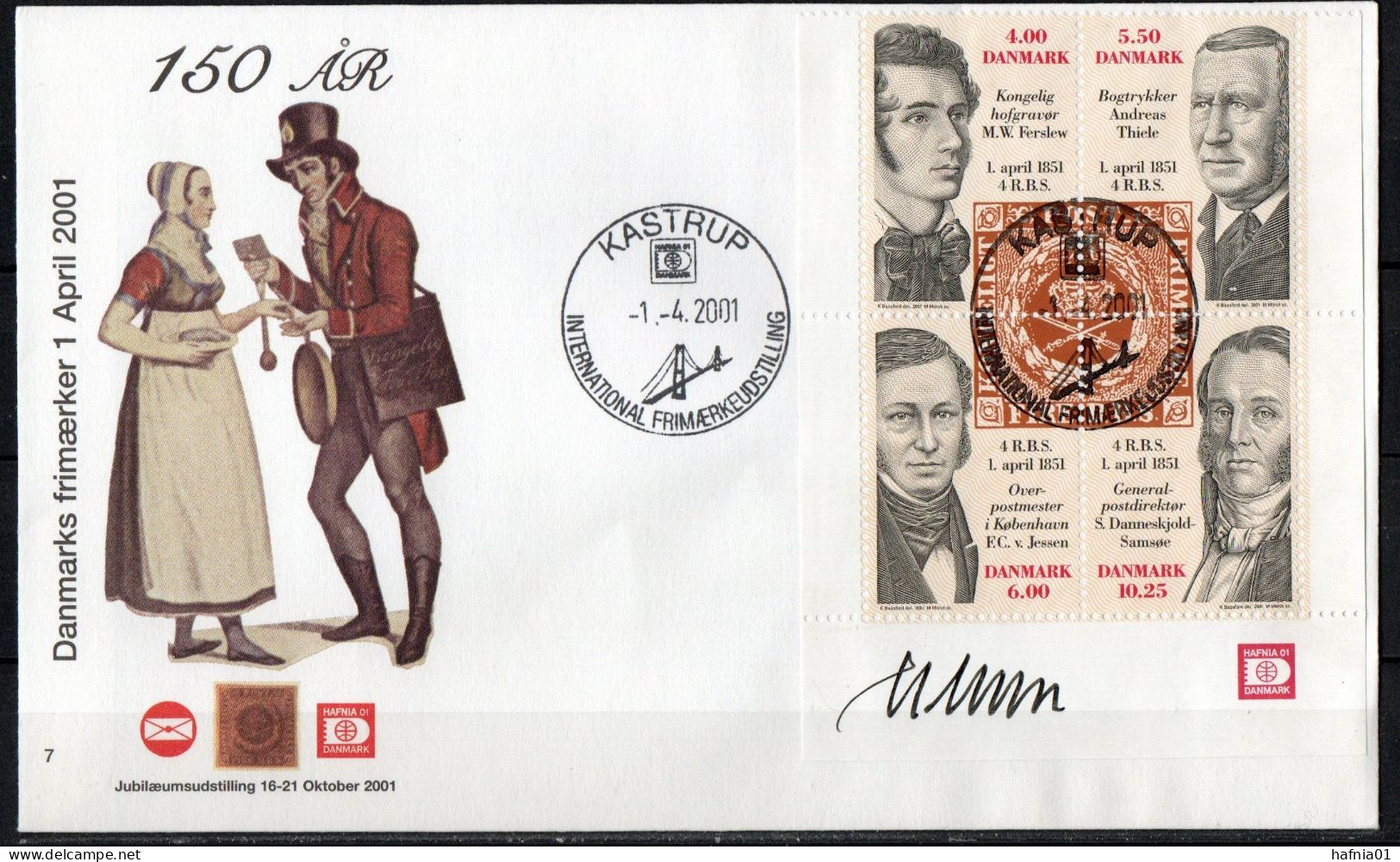 Martin Mörck. Denmark 2001. 150 Anniv Danish Stamps. Michel 1273 - 1276, 4-block. FDC. Signed. - FDC