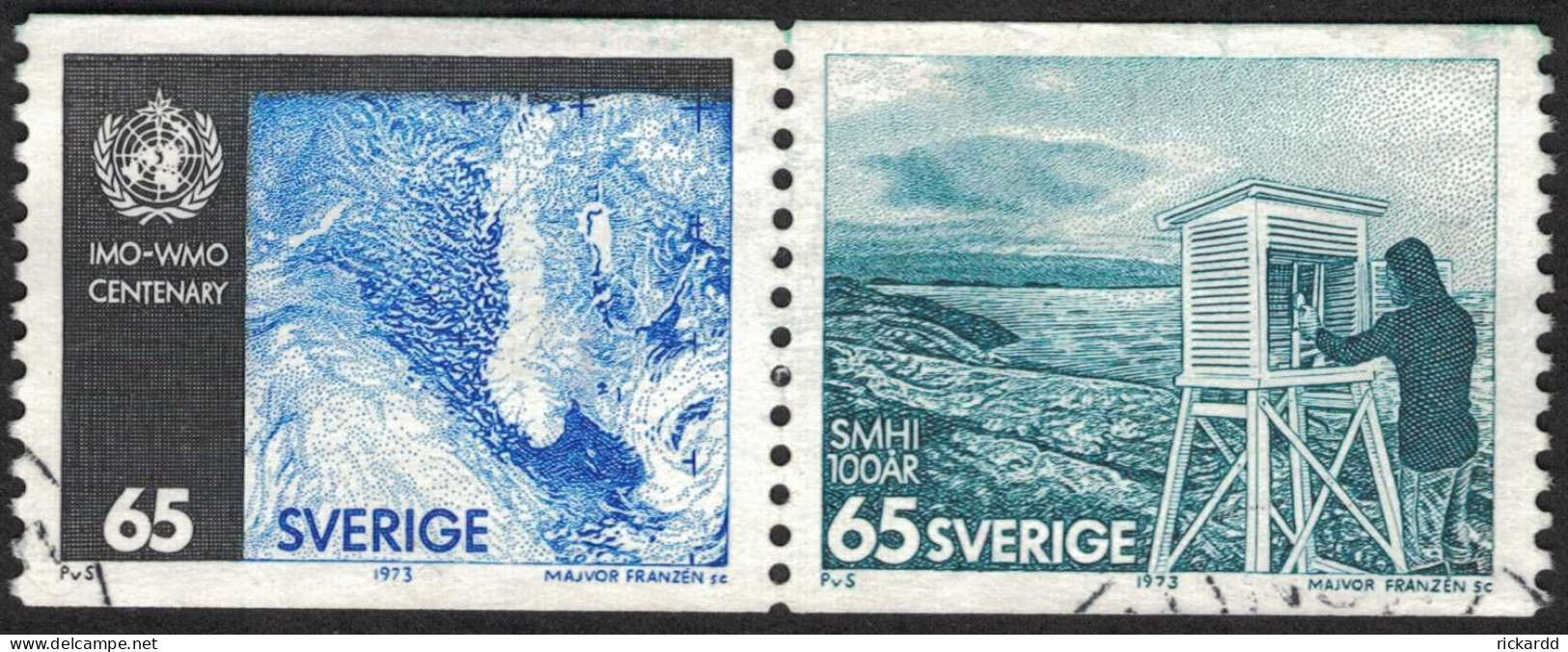Sweden - Facit #824SX2 Väderlekstjänsten 100 år, 65 öre Blå/svart/blågrön - Used Stamps