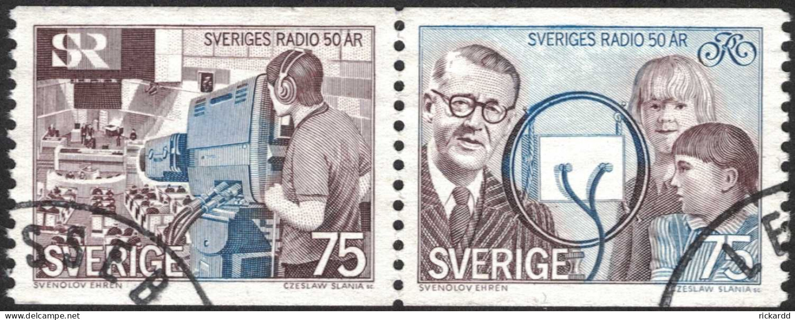 Sweden - Facit #907SX2 Sveriges Radio 50 år, 75 öre Brun/blå - Used Stamps