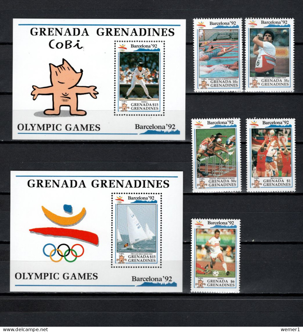 Grenada - Grenadines 1992 Olympic Games Barcelona, Baseball, Football Soccer, Sailing Etc. 5 Stamps + 2 S/s MNH - Sommer 1992: Barcelone