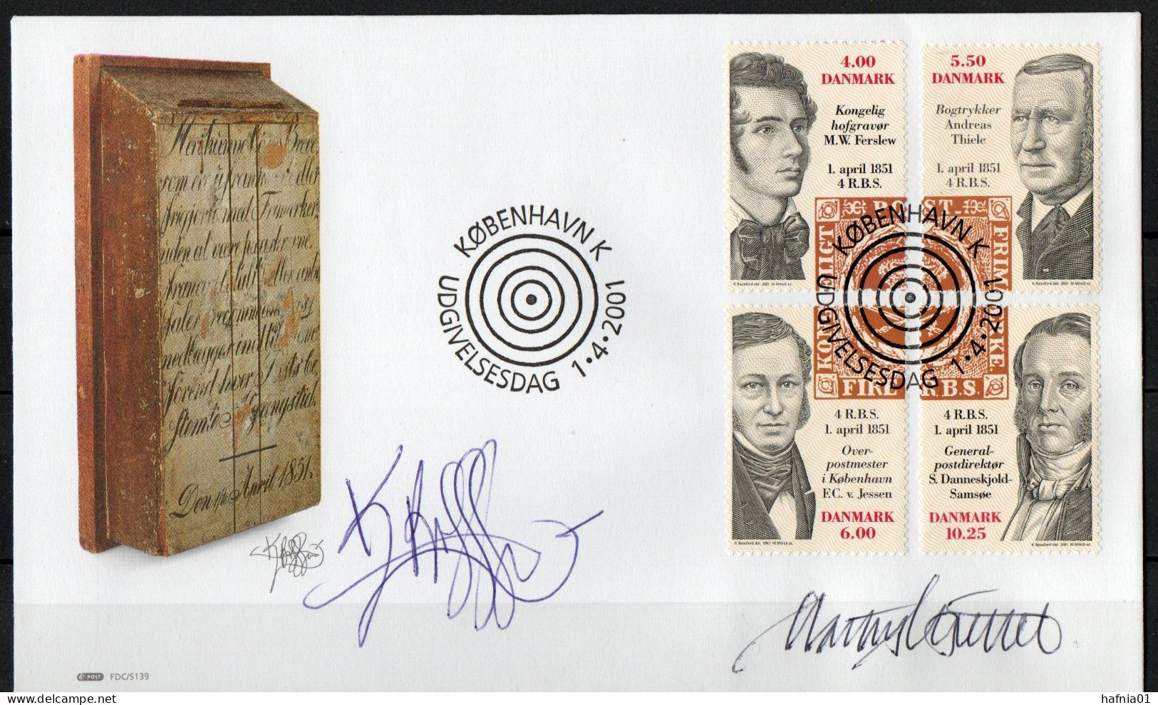 Martin Mörck. Denmark 2001. 150 Anniv Danish Stamps. Michel 1273 - 1276. FDC. Signed. - FDC