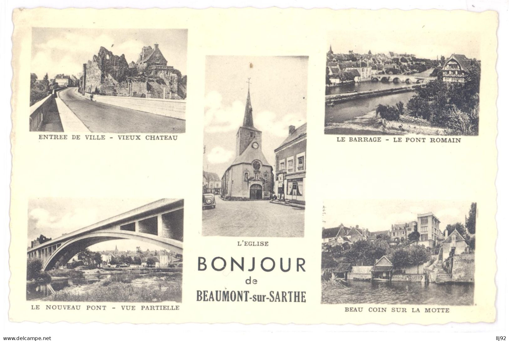 CPSM PF 72 - BEAUMONT Sur SARTHE - Bonjour De Beaumont Sur Sarthe (entrée De Ville, Nouveau Pont, Barrage, Eglise...) - Beaumont Sur Sarthe