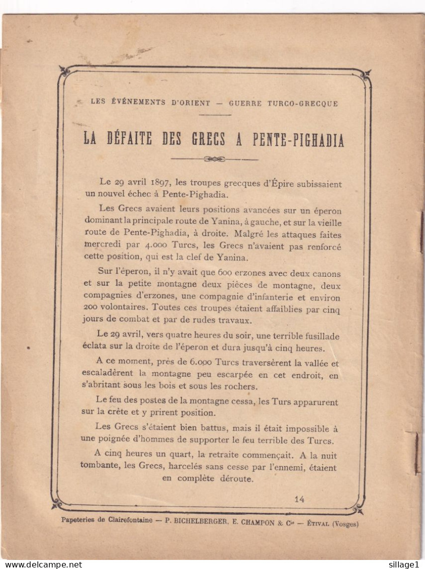 GUERRE TURCO--GRECQUE LA Défaite Des Grecs à PENTE-PICHADIA Le Commandant Soutzo 22 Avril 1897 - Protège-cahiers