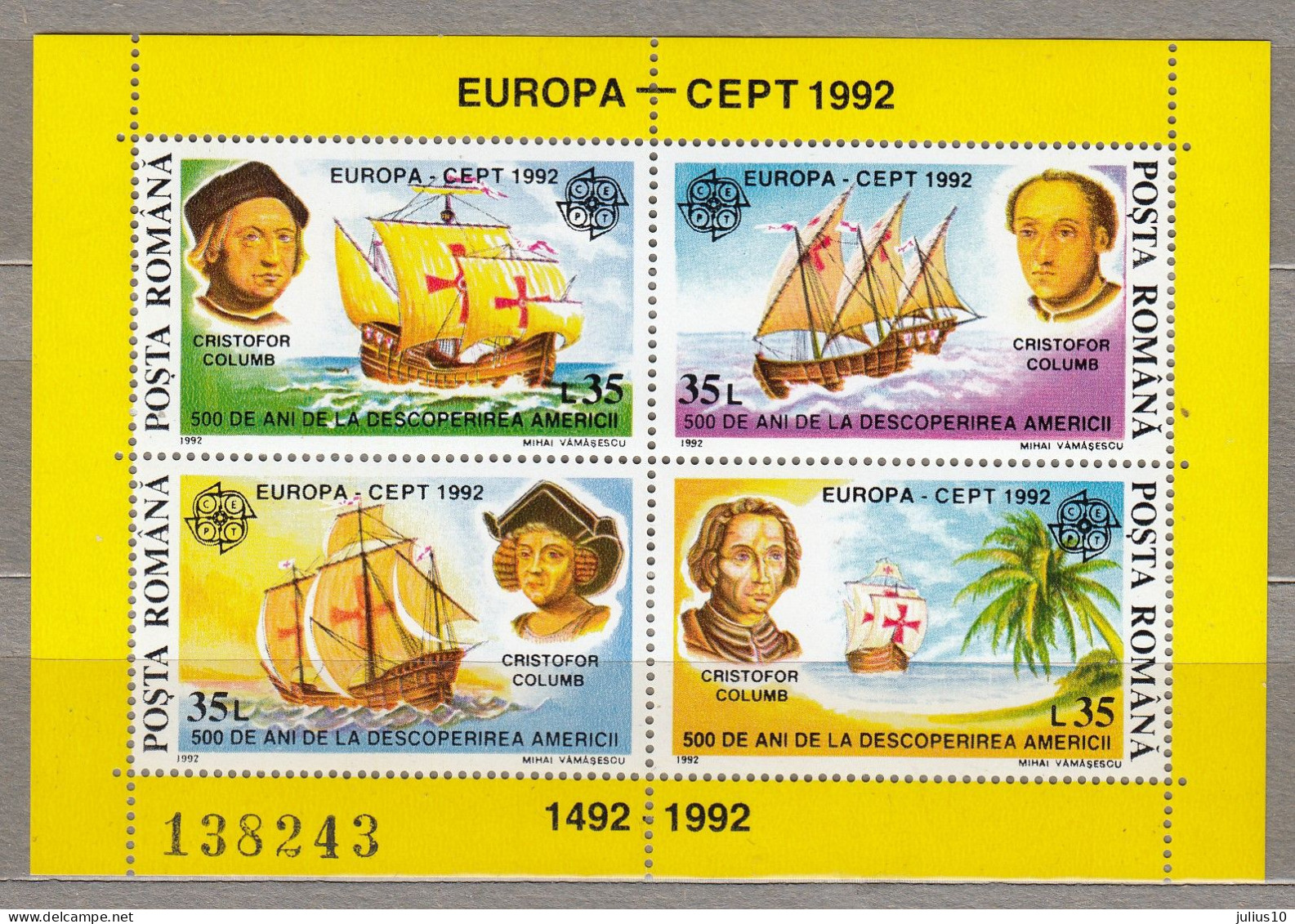 EUROPA CEPT 1992 Romania C.Colombo 500th Discovery Of America MNH(**) Mi Bl 271 #33907 - 1992