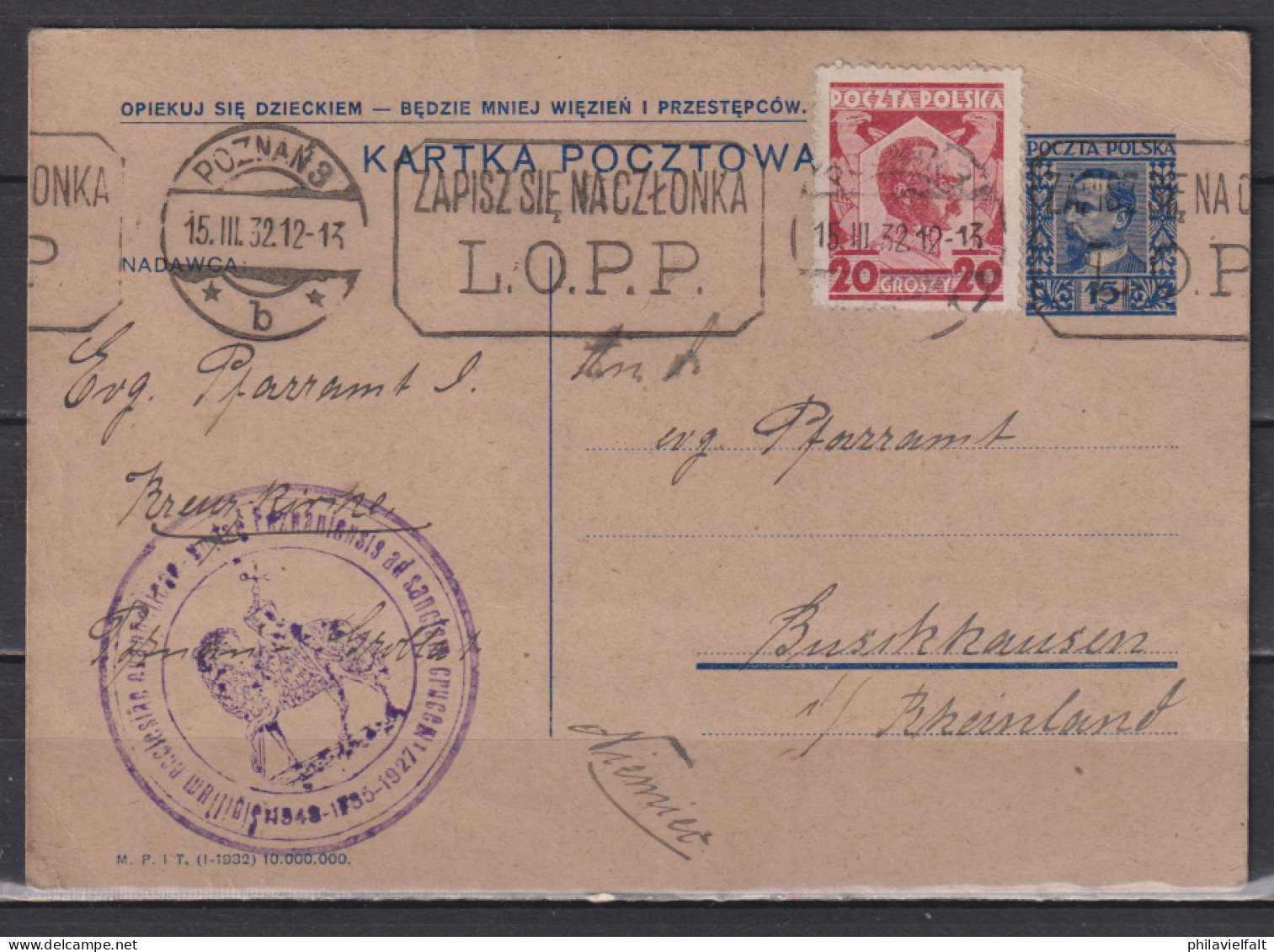 Polen Bedarfs-GZS MiNo. P 248 ZuF Mit Band-o Poznan 3/15.III.32 Und Pfarramts-o Kreuz-Kirche Nach Deutschland - Stamped Stationery