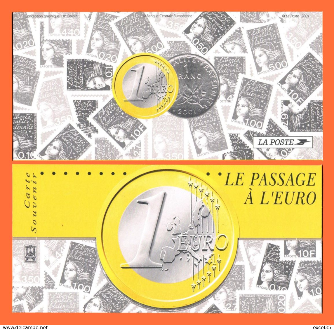 31/12/2001 Carton Commémoratif Avec Cachets DERNIER & 1er JOUR Sur Timbres 1 Franc & 1 Euro - SCANS CONTRACTUELS - 2000-2009