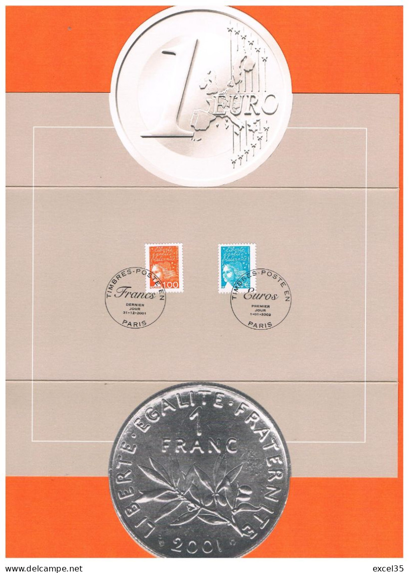 31/12/2001 Carton Commémoratif Avec Cachets DERNIER & 1er JOUR Sur Timbres 1 Franc & 1 Euro - SCANS CONTRACTUELS - 2000-2009