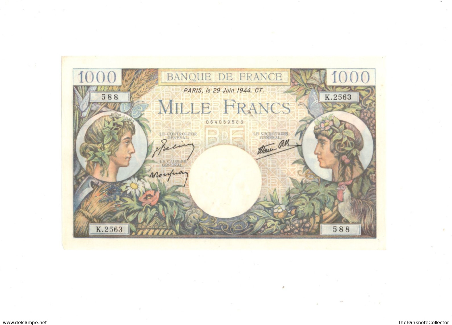 France 1000 Francs 1944 P-96 AUNC-UNC Nicked Corner No Pinholes - 100 F 1908-1939 ''Luc Olivier Merson''