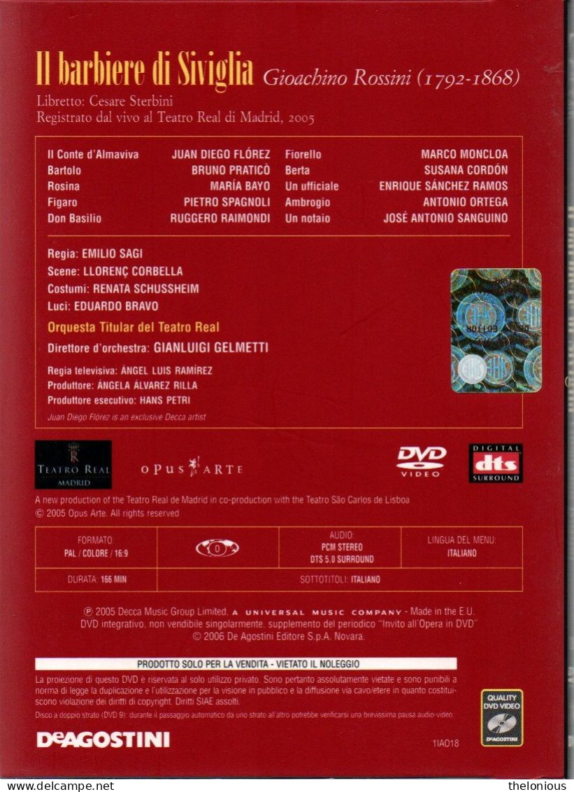 * Invito All'Opera In DVD N 18: G. Rossini Il Barbiere Di Siviglia - Con Libretto - Concerto E Musica