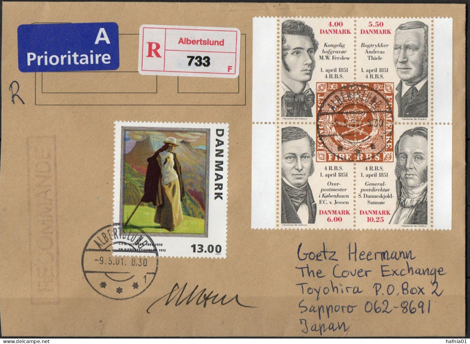 Martin Mörck. Denmark 2001. 150 Anniv Danish Stamps. Registered Letter Sent To Japan. Signed. - Brieven En Documenten