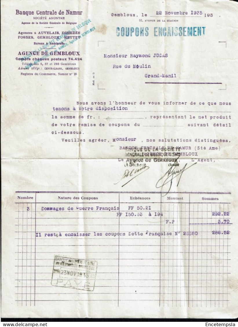 Belgique Coupons D'encaissement  Banque Centrale De Namur 22/11/1935 VM79450 - 1900 – 1949