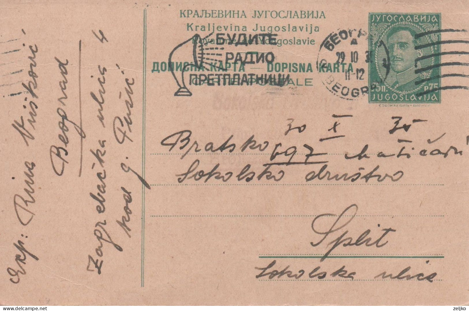 Yugoslavia, Be Radio Subscriber, Stationery Sent To Sokol Society Split - Storia Postale