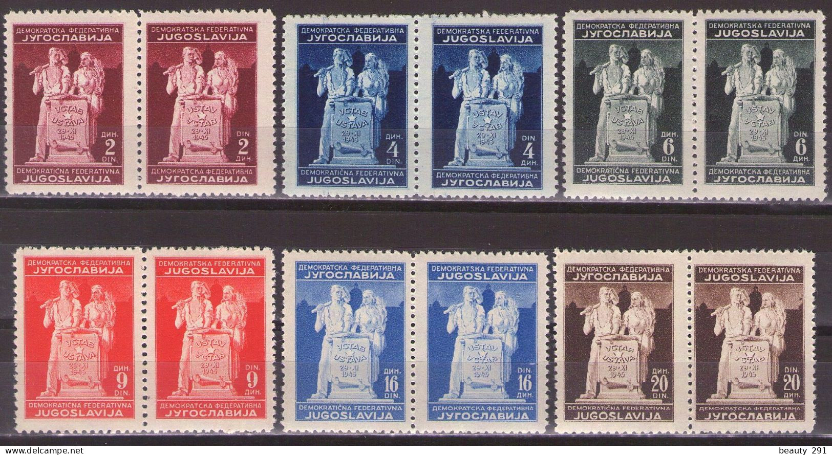 YUGOSLAVIA 1945  Mi 486-491 I,II - Meeting Of The Constituent Assembly, In Pair - MNH**VF - Ongebruikt