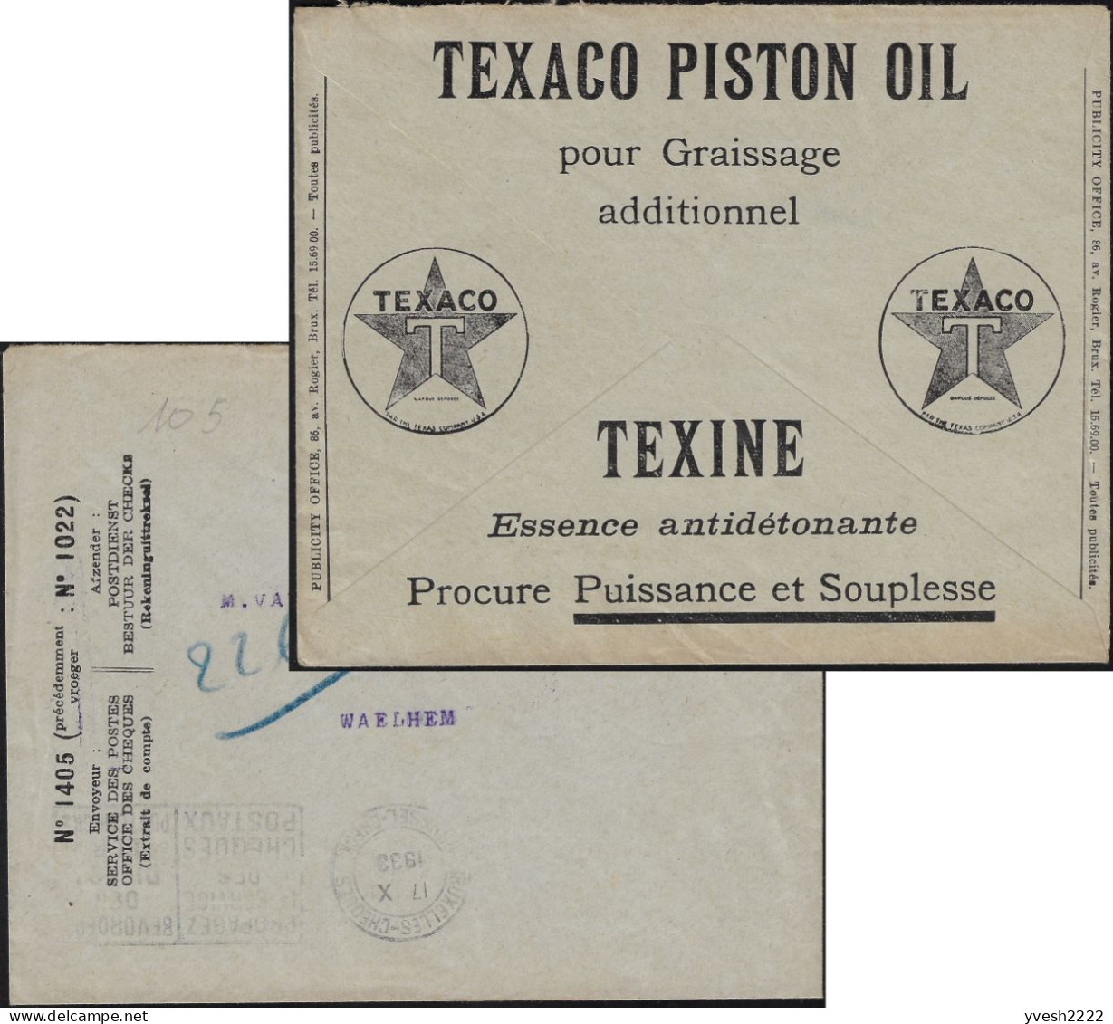 Belgique 1933. Enveloppe En Franchise Des Chèques Postaux. Pub : Graissage Additionnel. Texine, Essence Antidétonante - Oil