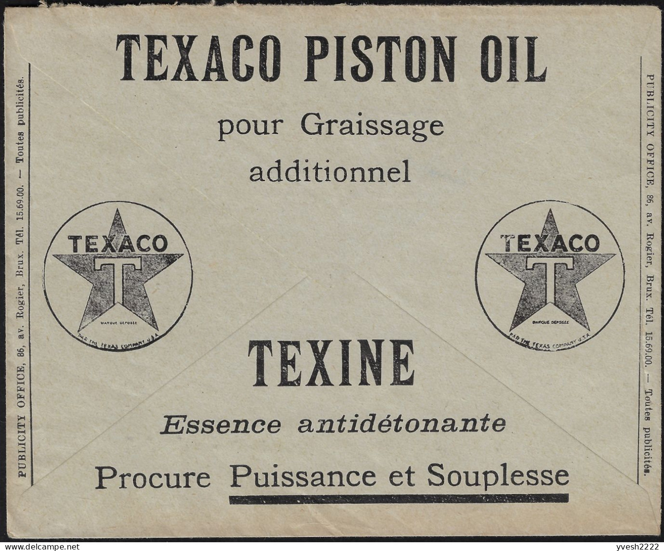 Belgique 1933. Enveloppe En Franchise Des Chèques Postaux. Pub : Graissage Additionnel. Texine, Essence Antidétonante - Oil