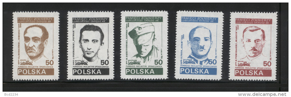 POLAND SOLIDARITY SOLIDARNOSC 1986 LUBLIN REGION PARTISAN LEADERS HOME ARMY AK WW2 SET OF 5 WORLD WAR 2 SOLDIERS - Solidarnosc Labels