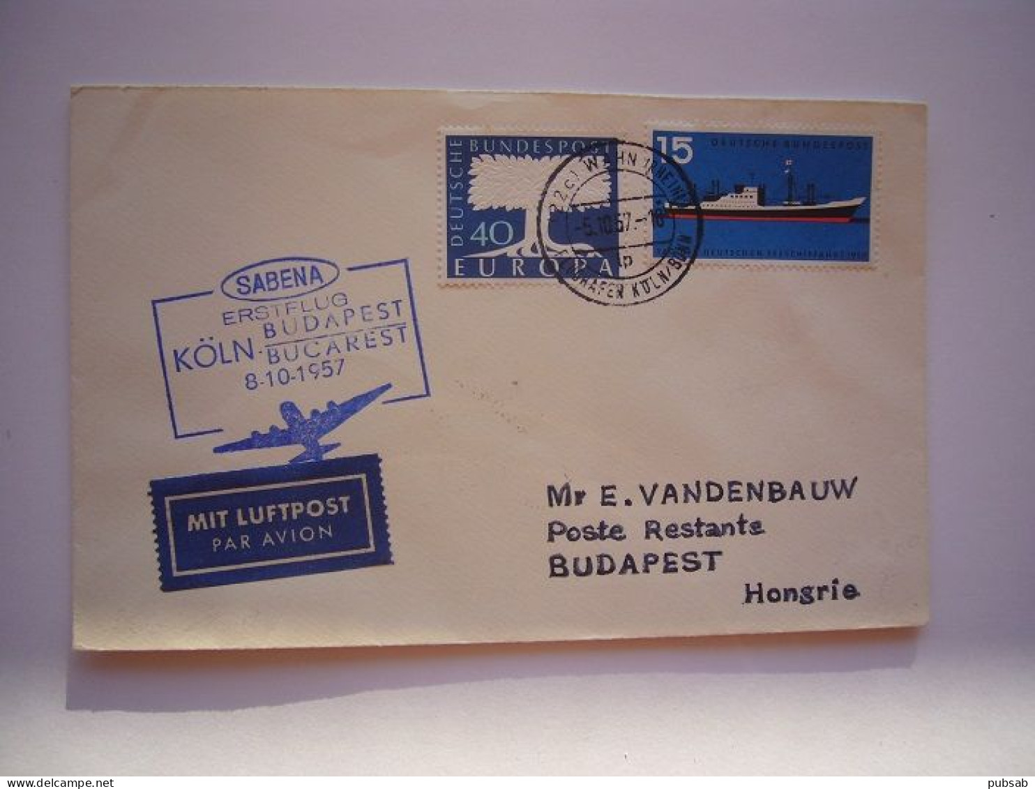 Avion / Airplane / SABENA / First Flight From Köln To Budapest / Oct 8, 1957 - Cartas & Documentos