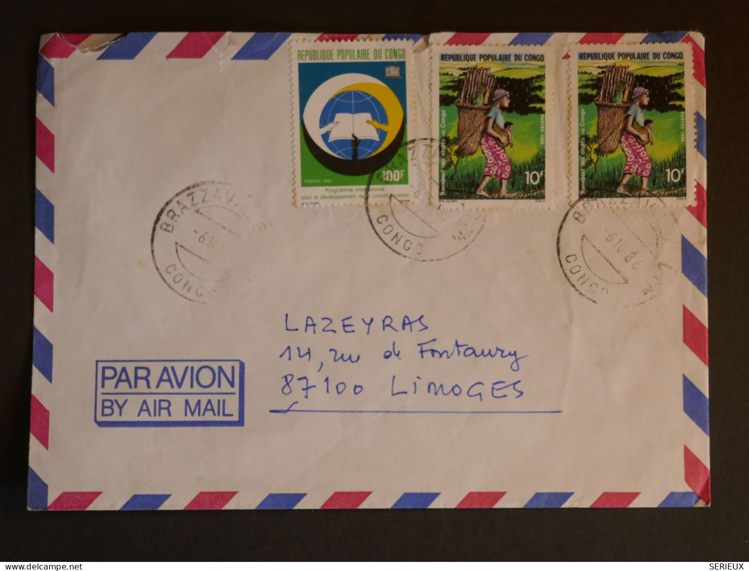 DM 14  CONGO  LETTRE 1986 BRAZZA A LIMOGES    FRANCE  ++AFF. INTERESSANT +++ - Sonstige & Ohne Zuordnung
