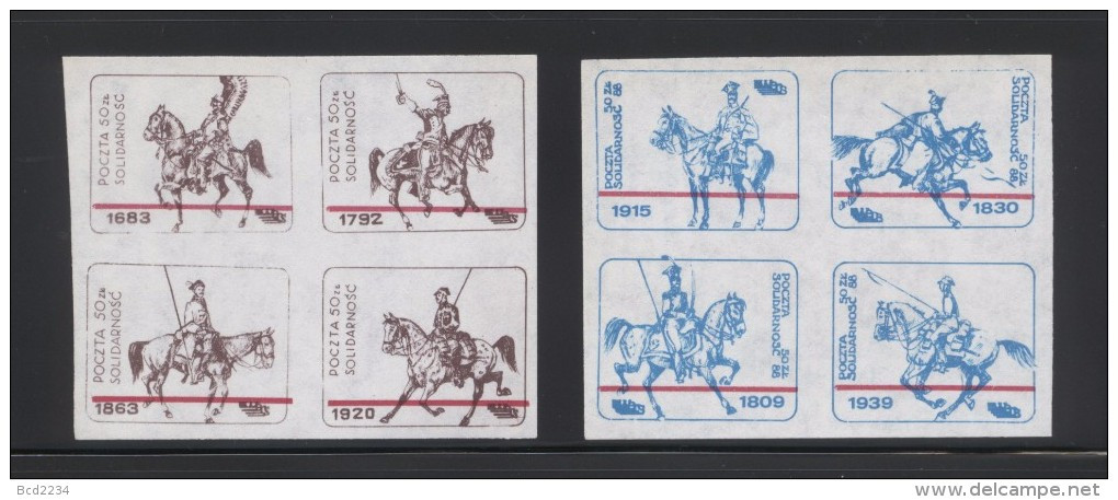 POLAND SOLIDARITY SOLIDARNOSC POLISH CAVALRY 2 BLOCKS OF 4 MILITARIA ARMY SOLDIER SOLDIERS HORSE HORSES - Solidarnosc-Vignetten