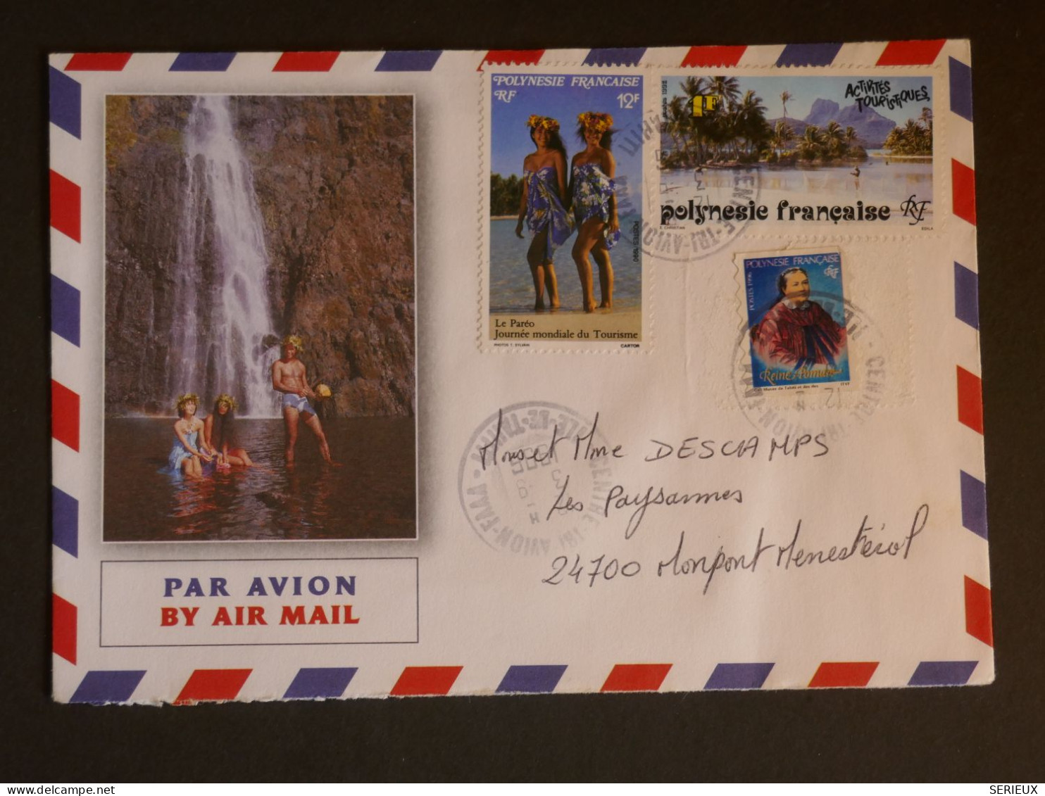 DM 14  POLYNESIE  LETTRE REUTILISEE 1986 TAHITI A MONPONT   FRANCE  ++AFF. INTERESSANT +++ - Briefe U. Dokumente