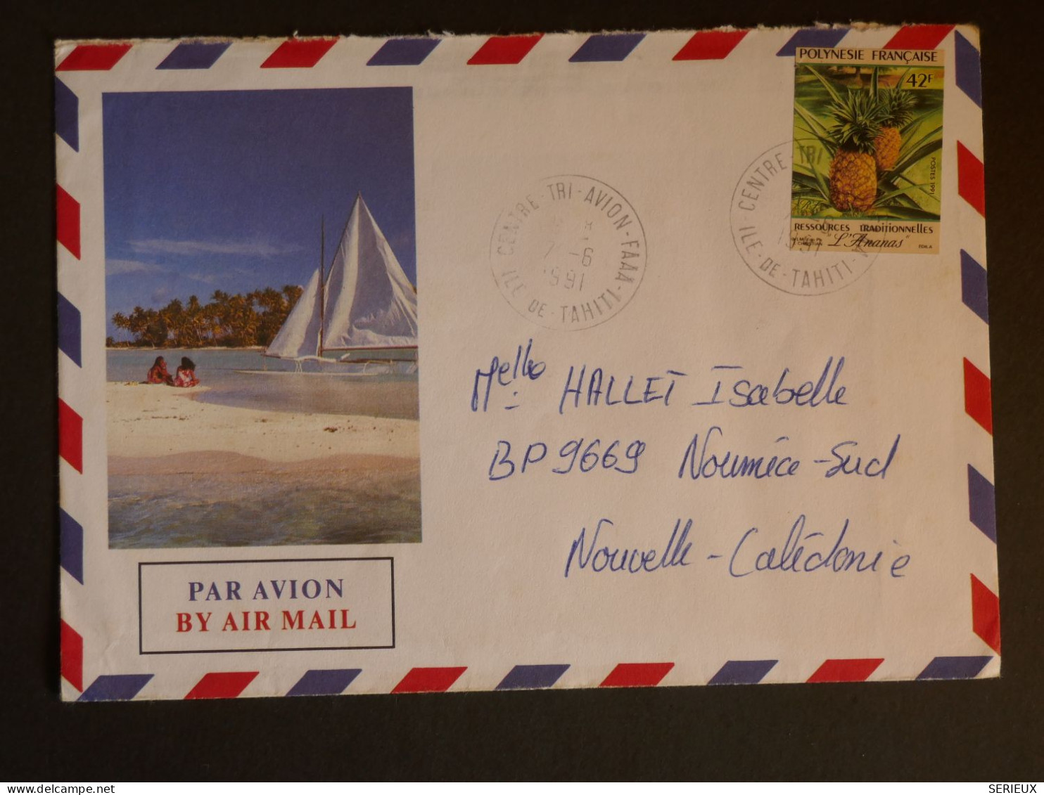 DM 14  POLYNESIE  BELLE LETTRE RARE TP NON DENTELé  1991 TAHITI A NOUMEA FRANCE  ++AFF. INTERESSANT +++ - Briefe U. Dokumente