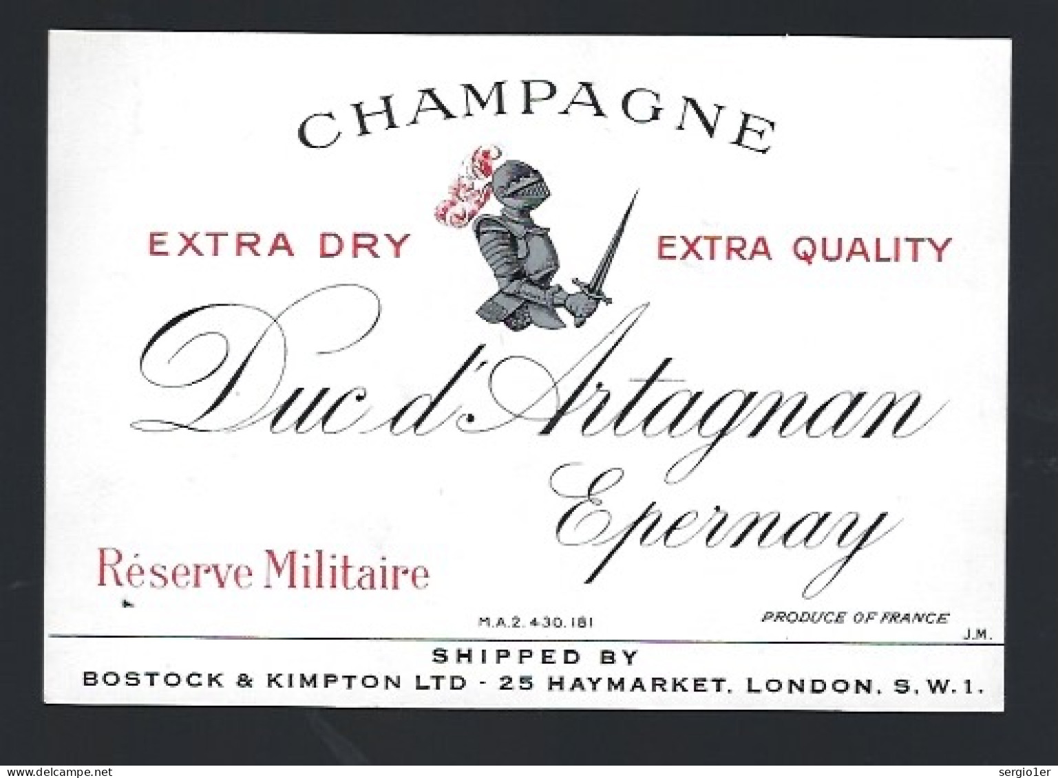 Etiquette Champagne Extra Dry Extra Quality Duc D'Artagnan Réserve Militaire  Epernay  Marne 51 - Champan