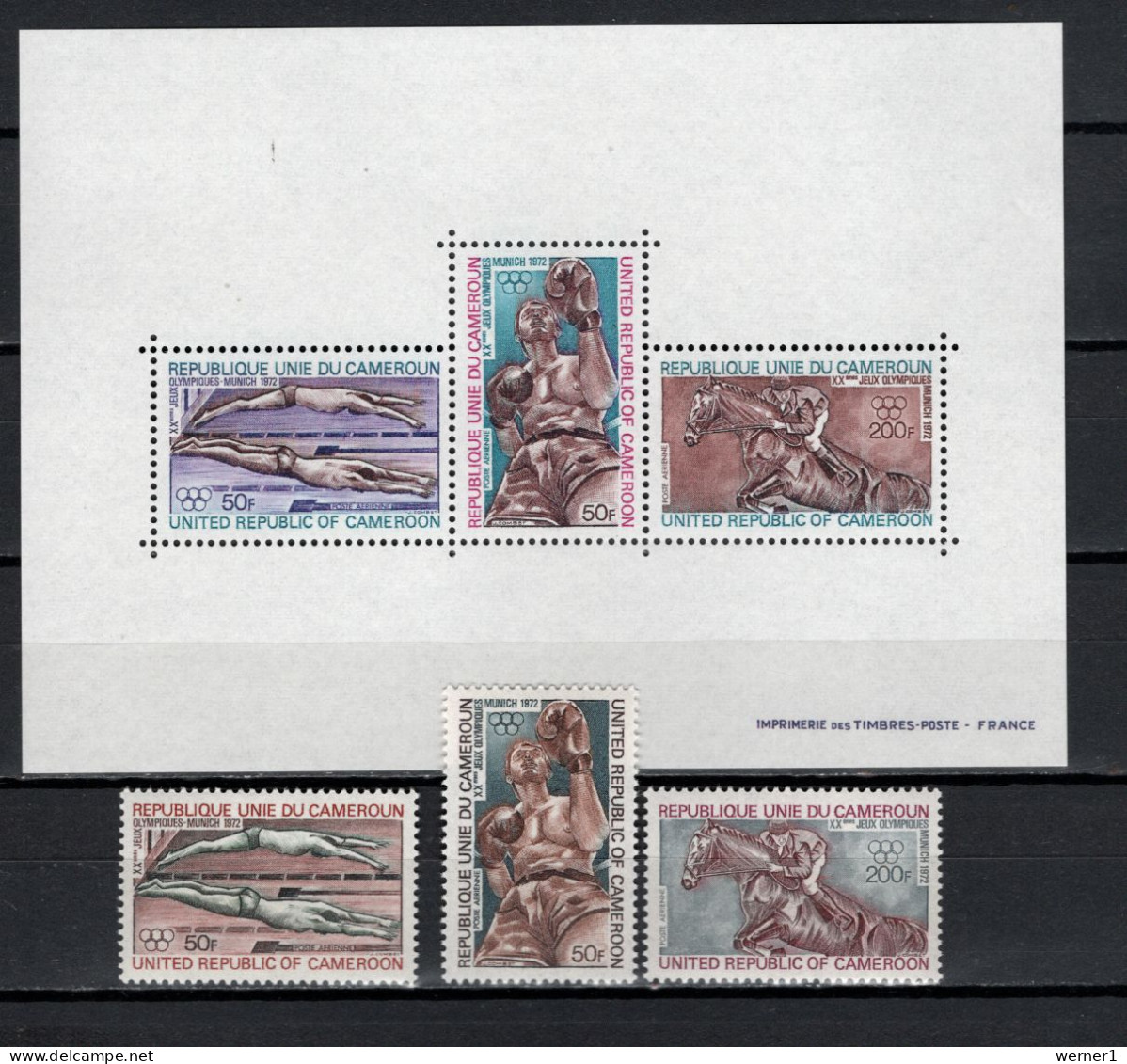 Cameroon - Cameroun 1972 Olympic Games Munich, Swimming, Boxing, Equestrian Set Of 3 + S/s MNH - Summer 1972: Munich