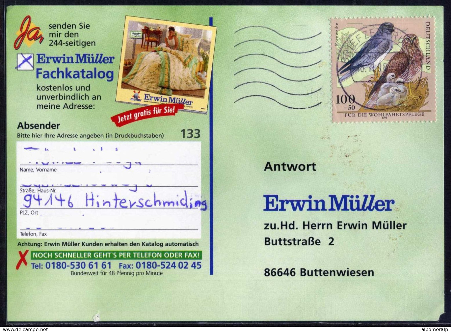 Germany 1998 Hen Harrier (Circus Cyaneus) Birds Of Prey, Single Stamp Domestic Postcar | Mi 2015 Endangered Bird Species - Eagles & Birds Of Prey
