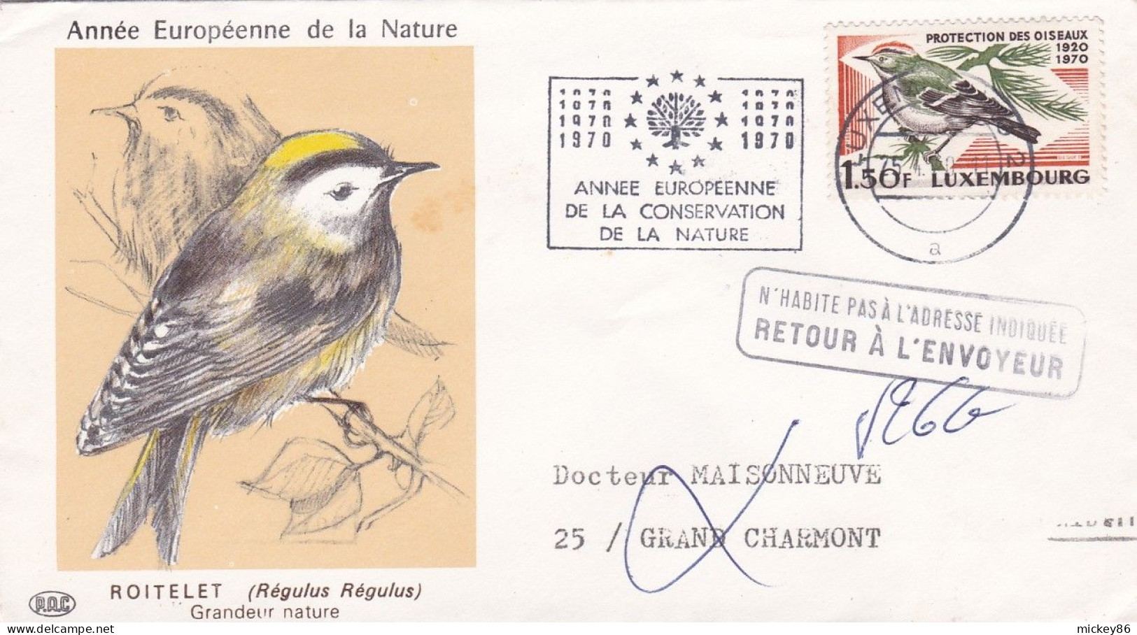 Luxembourg--1975-FDC-Protection Oiseaux (roitelet).cachet "Année Européenne De La Conservation De La Nature"-MONTBELIARD - Brieven En Documenten