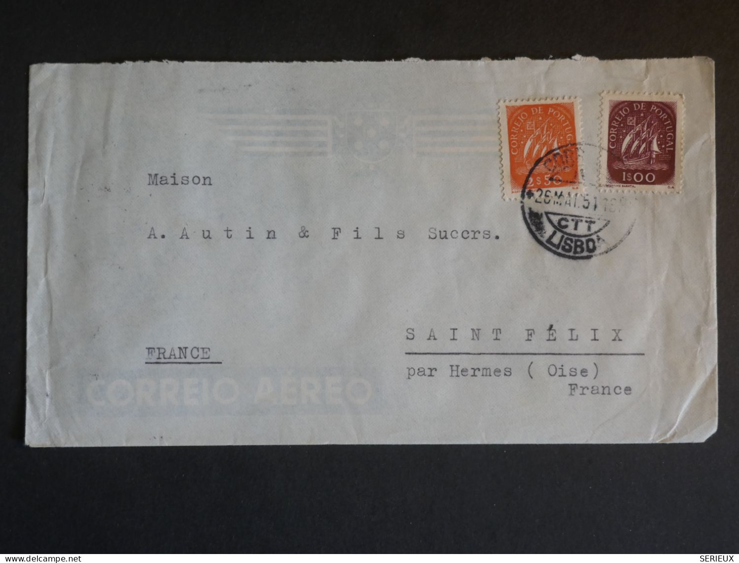 DM 14 PORTUGAL  BELLE LETTRE  1951  LISBOA A ST FELIX  FRANCE  ++AFF. INTERESSANT +++ - Marcofilia