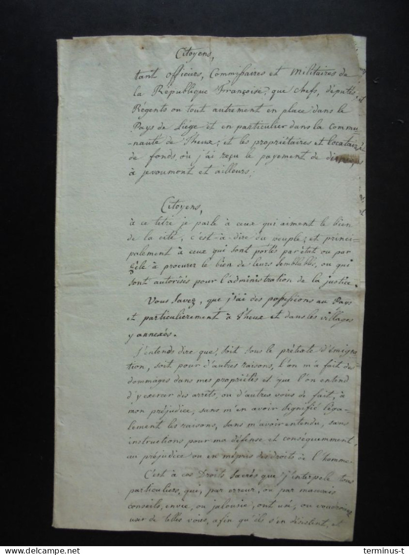 THEUX 1792 (prov. De Liège). Document Betr. Bezittingen Te Theux, Gesigneerd De Limbourg. - Manuskripte