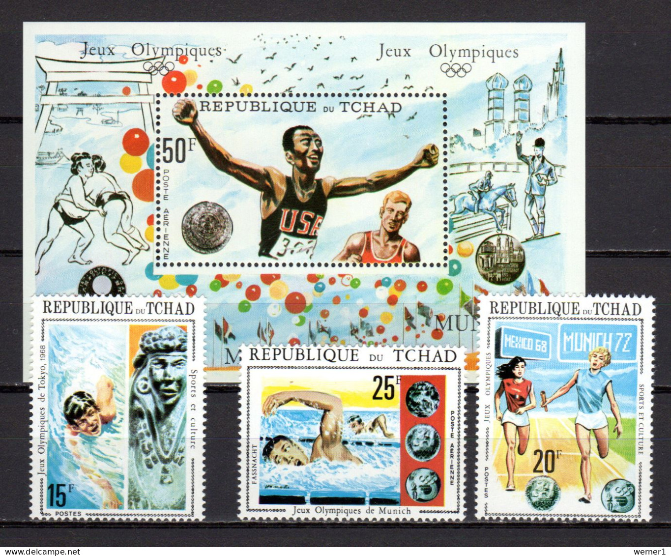 Chad - Tchad 1971 Olympic Games Munich And Tokyo, Swimming, Equestrian Etc. Set Of 3 + S/s MNH - Verano 1972: Munich