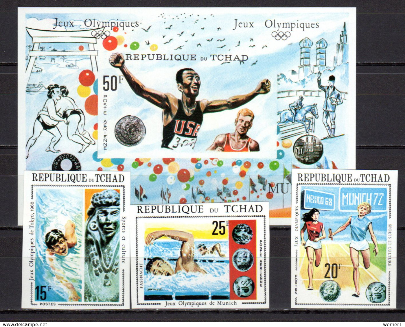 Chad - Tchad 1971 Olympic Games Munich And Tokyo, Swimming, Equestrian Etc. Set Of 3 + S/s Imperf. MNH -scarce- - Ete 1972: Munich