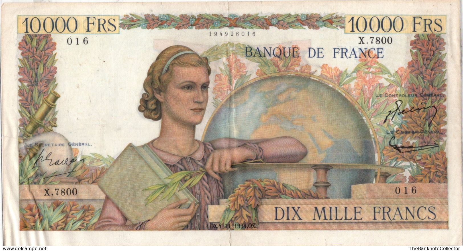 France 10000 Francs 1954 P-123 Very Fine Paper - 10 000 F 1945-1956 ''Génie Français''