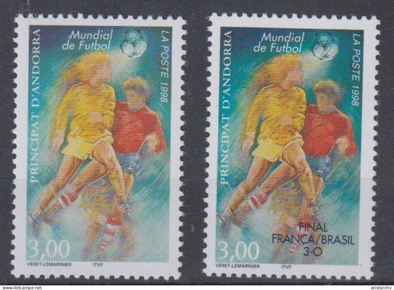 ANDORRA 1998 FOOTBALL WORLD CUP 2 STAMPS 1 OVERPRINT - 1998 – Frankrijk