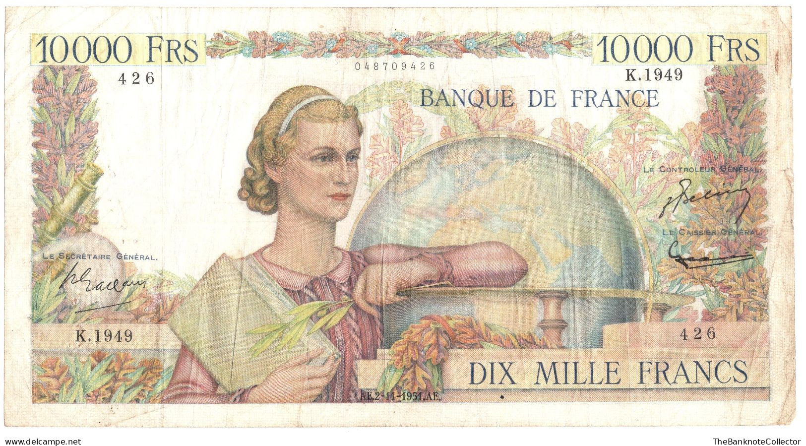 France 10000 Francs 1951 P-123 Fine Condition - 10 000 F 1945-1956 ''Génie Français''