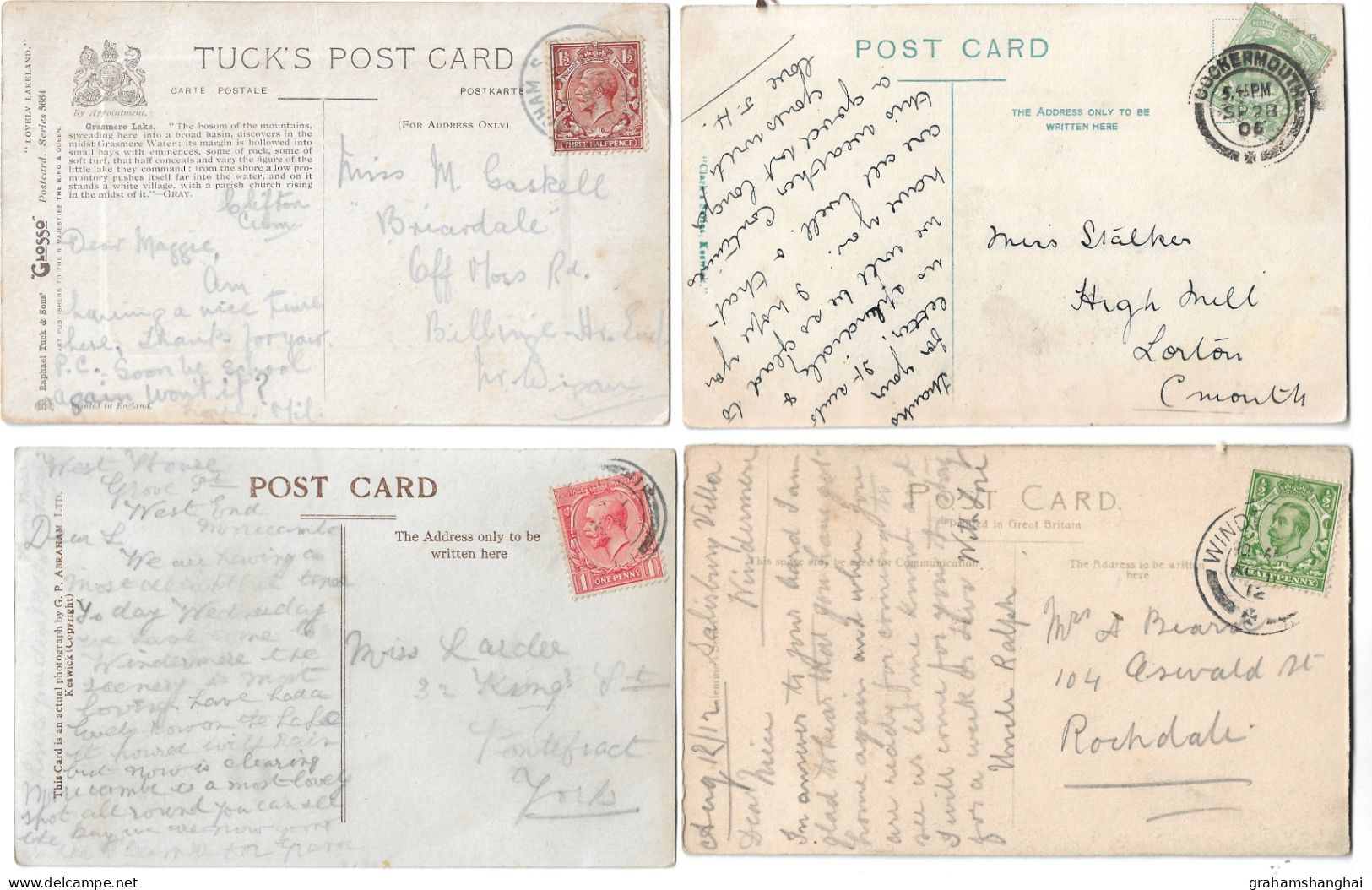 4 Postcards Lot UK England Cumbria Lake District Grasmere Buttermere Windermere Posted 1906-1920s - Other & Unclassified