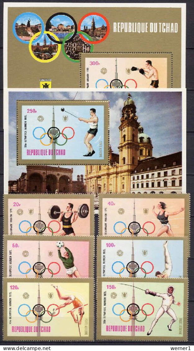 Chad - Tchad 1972 Olympic Games Munich, Boxing, Football Soccer, Fencing Etc. Set Of 6 + 2 S/s MNH - Verano 1972: Munich