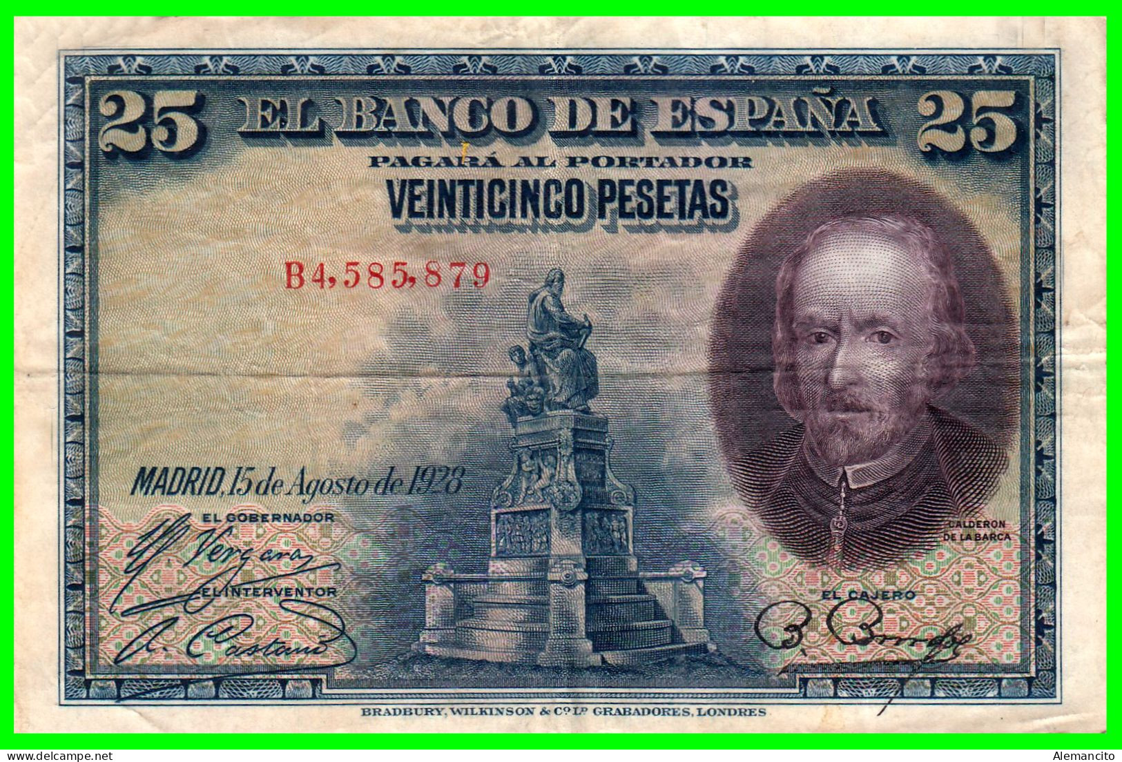 ESPAÑA – BILLETE DE 25 PTAS. AÑO 1928 – SERIE B3,585,879 CONSERVACION INMEJORABLE - 1-2-5-25 Peseten