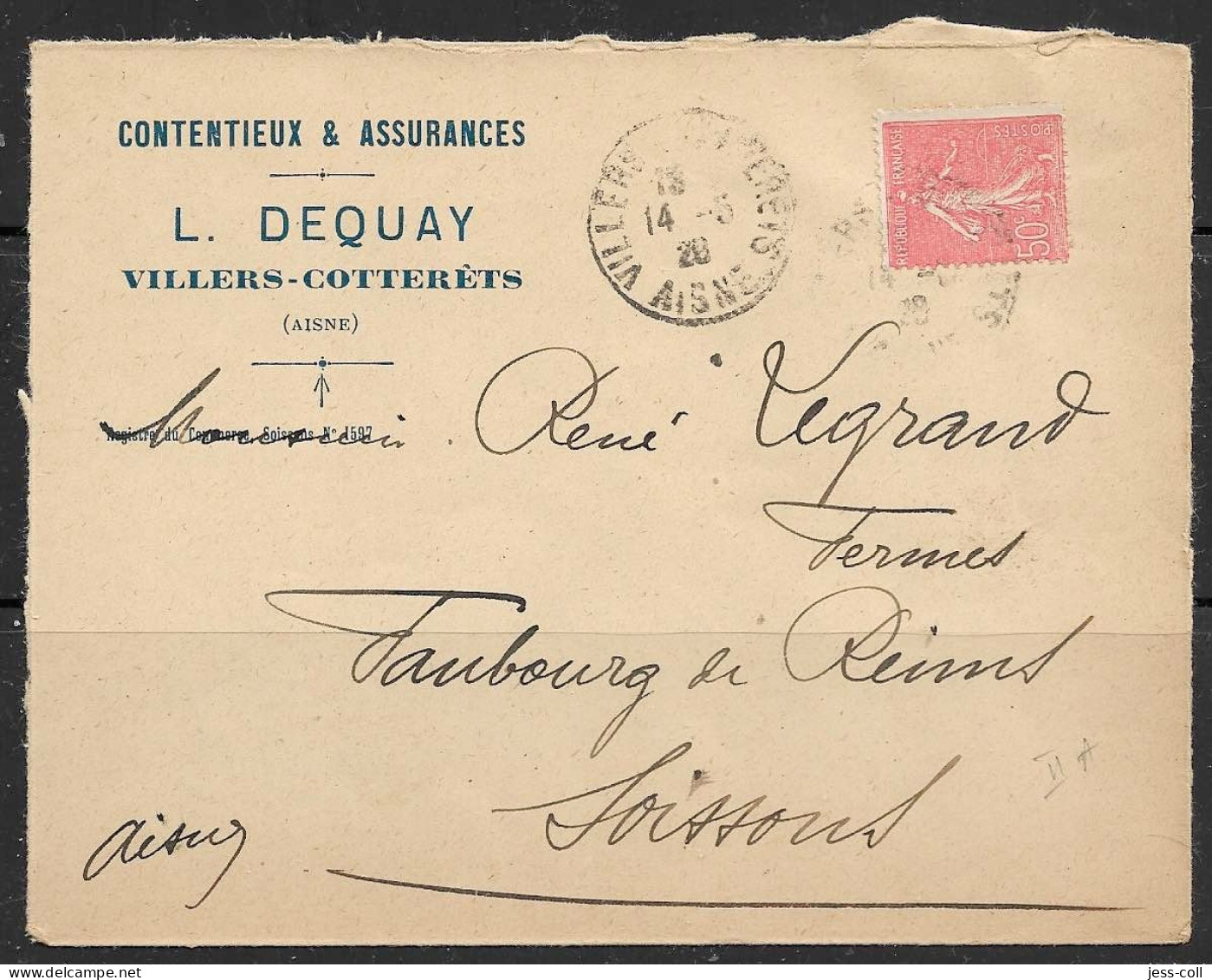 Yvert 199 50 C Rouge Type IIA - Seul Sur Lettre - 1903-60 Sower - Ligned