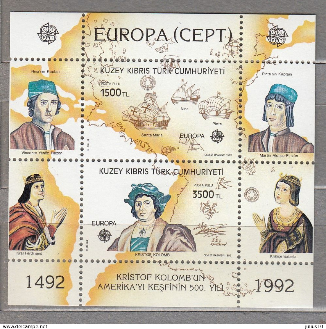 EUROPA CEPT 1992 Cyprus Tr. C.Colombo 500th Discovery Of America MNH(**) Mi Bl 10 #33920 - 1992