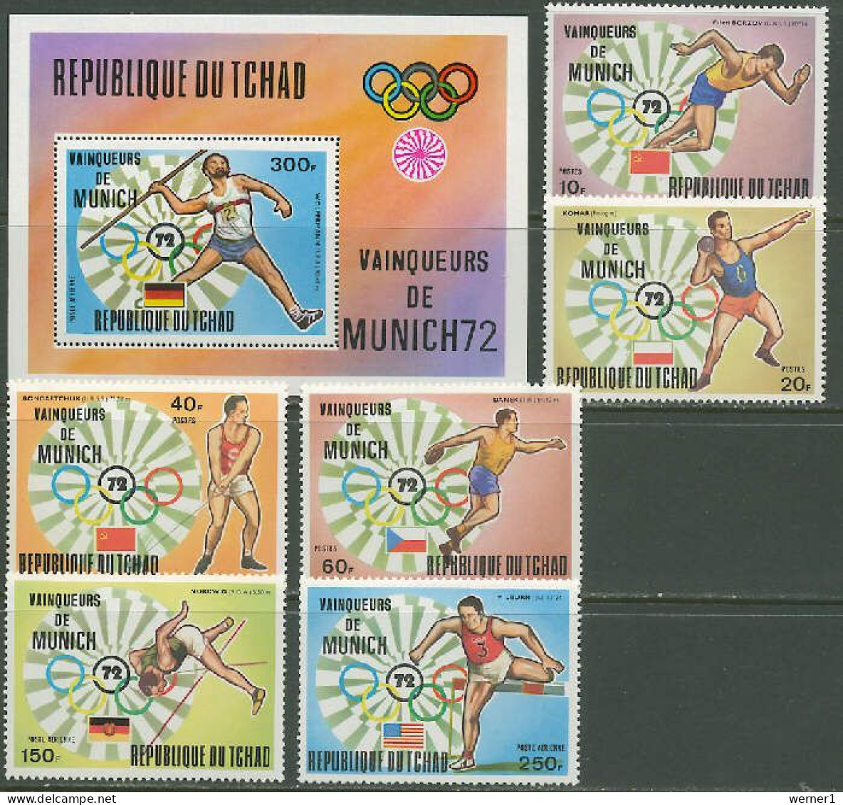 Chad - Tchad 1972 Olympic Games Munich, Javelin, Athletics Set Of 6 + S/s MNH - Sommer 1972: München