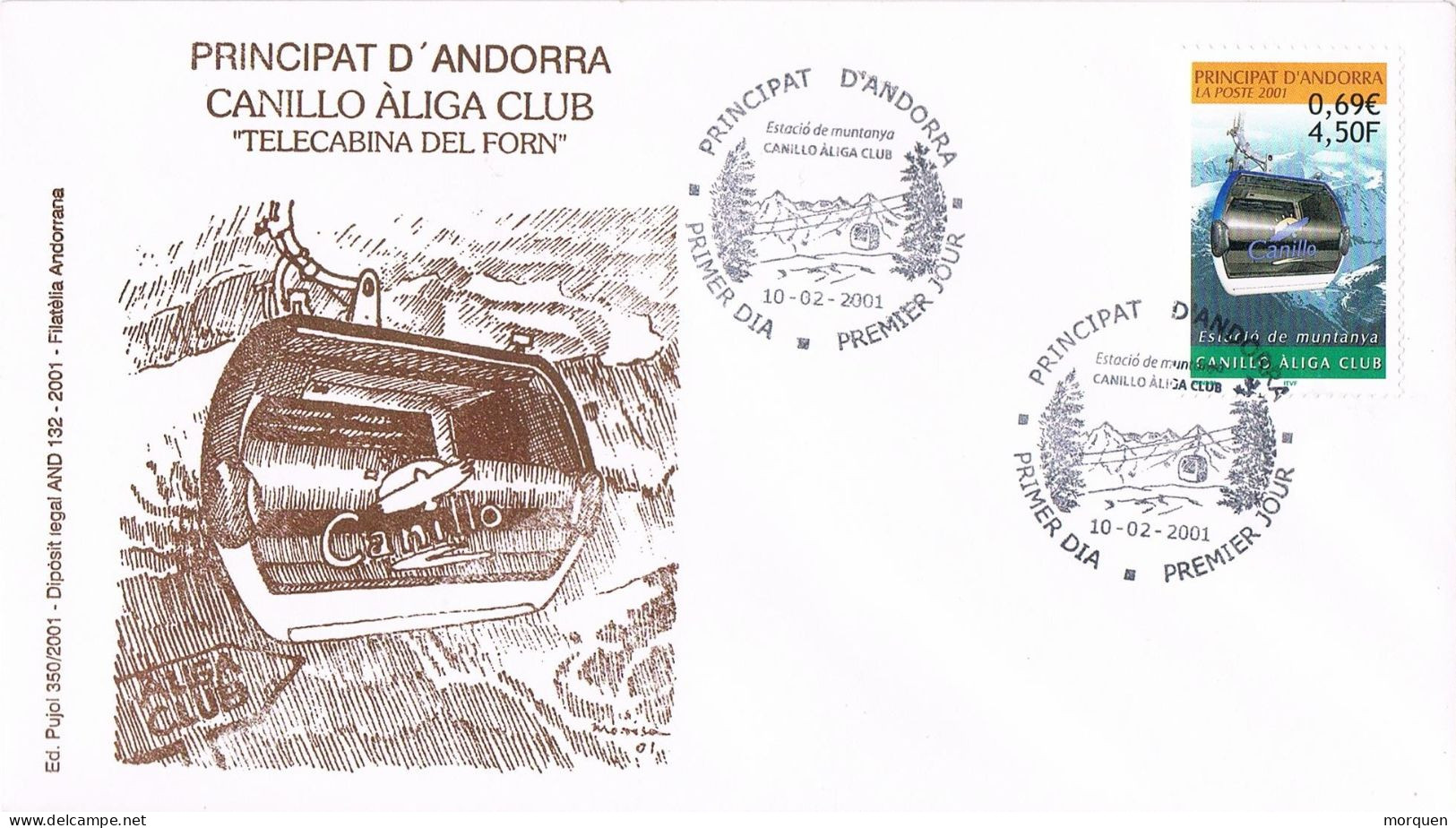 54690. Carta CANILLO (Andorra Francesa) 2001, Estacion Muntanya CANIGO ALIGA CLUB, Telecabina Del Forn - FDC