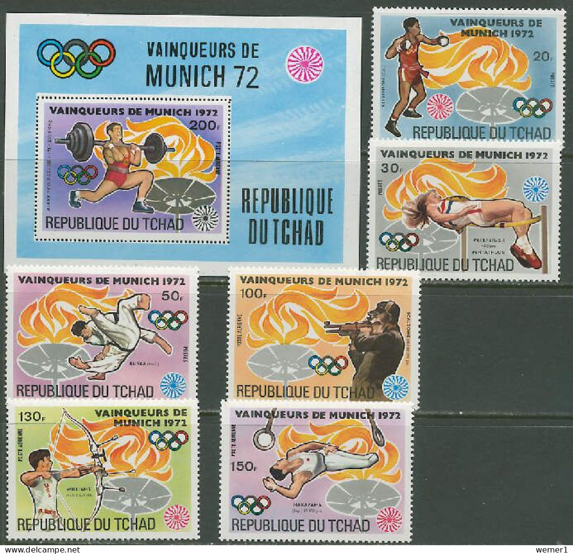 Chad - Tchad 1972 Olympic Games Munich, Weightlifting, Judo, Shooting Etc. Set Of 6 + S/s MNH - Verano 1972: Munich