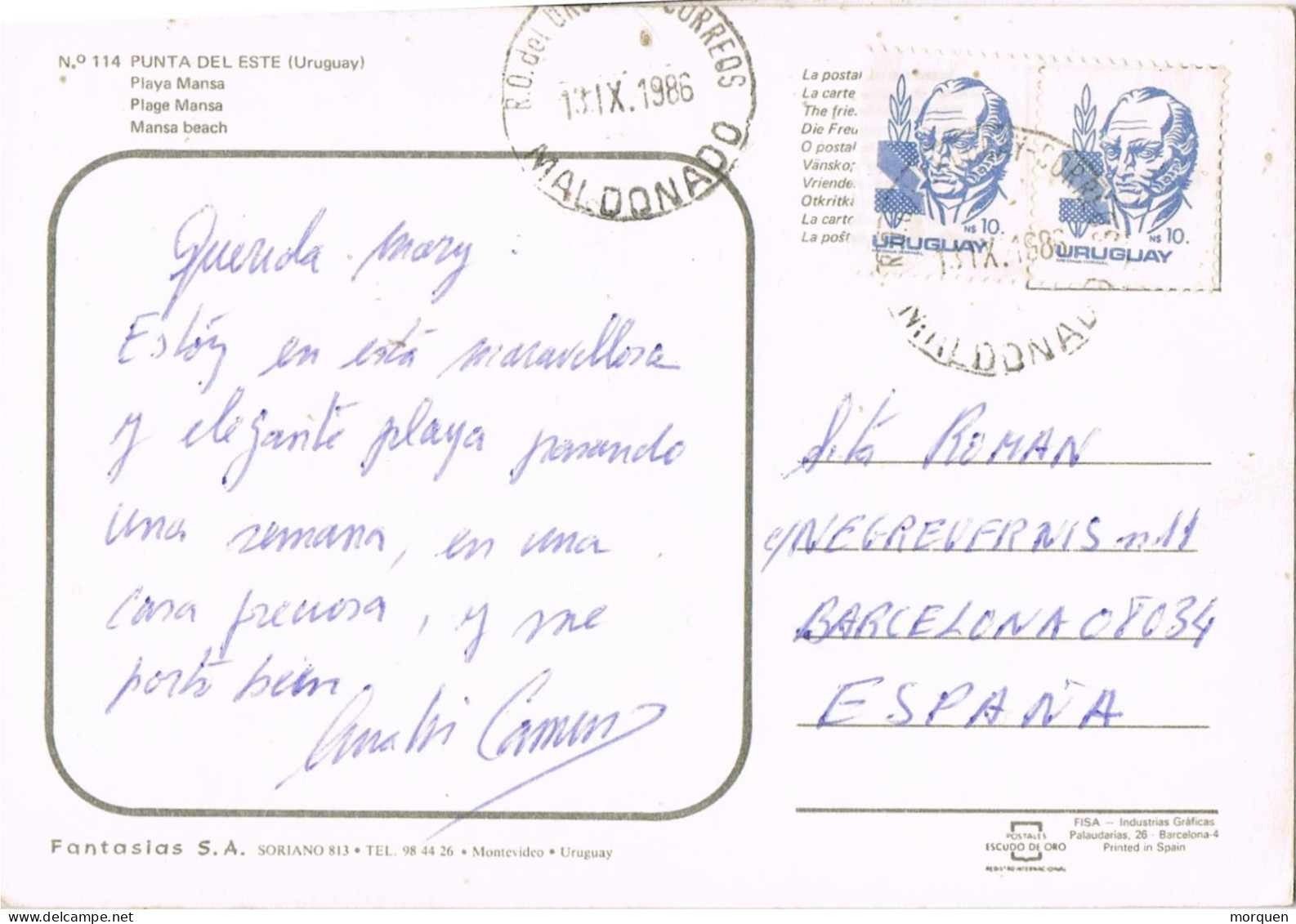 54691. Postal Aerea MALDONADO (Uruguay) 1986. Vista De Playa Mansa En Punta Del Este - Uruguay