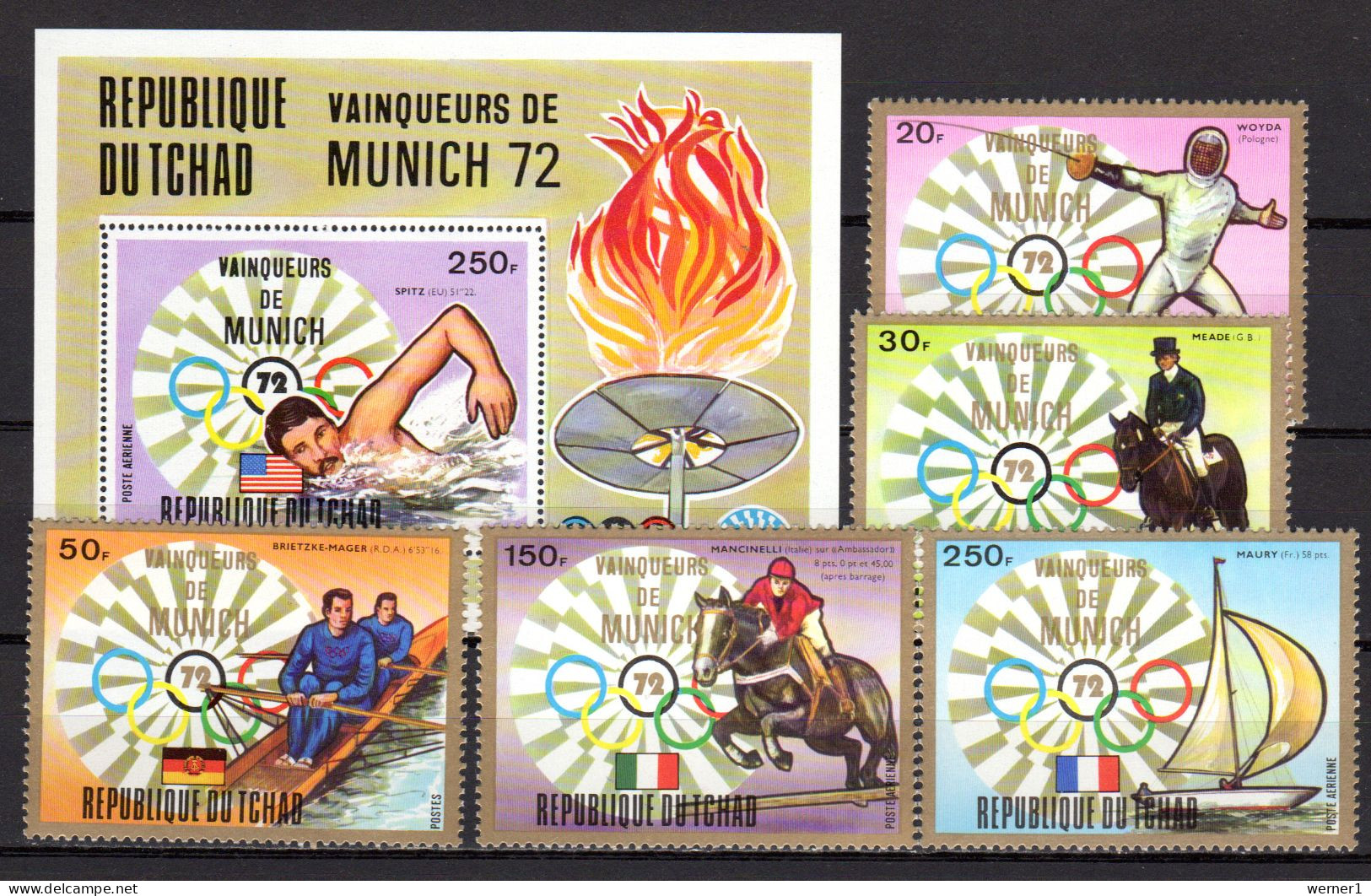 Chad - Tchad 1972 Olympic Games Munich, Swimming, Fencing, Equestrian, Rowing, Sailing Set Of 5 + S/s MNH - Ete 1972: Munich