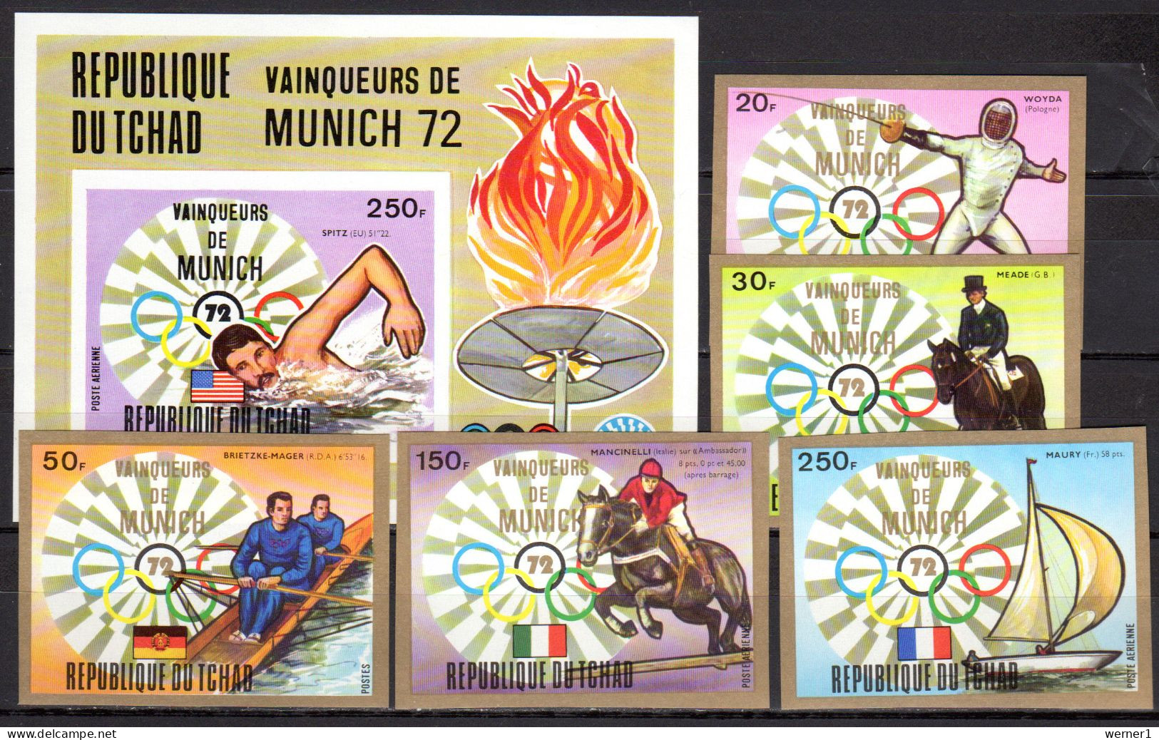 Chad - Tchad 1972 Olympic Games Munich, Swimming, Fencing, Equestrian, Rowing, Sailing Set Of 5 + S/s Imperf. MNH Scarce - Ete 1972: Munich