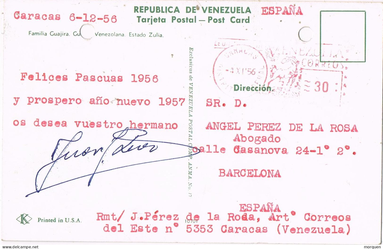 54692. Postal Aerea CARACAS (Venezuela) 1956. Franqueo Mecanico. Familia GUAJIRA De Zulia En Venezuela - Venezuela